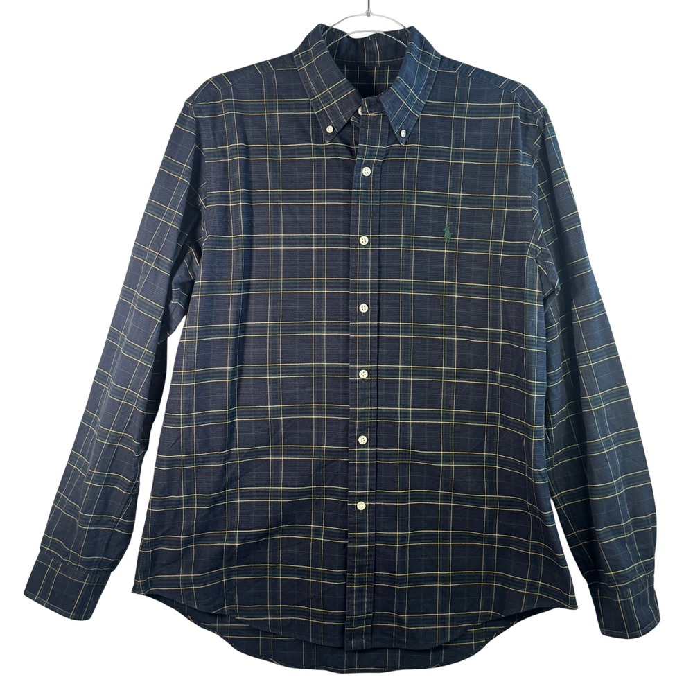 Polo Ralph Lauren Button Down Shirt Plaid Cotton Navy Green Yellow Mens M Preppy